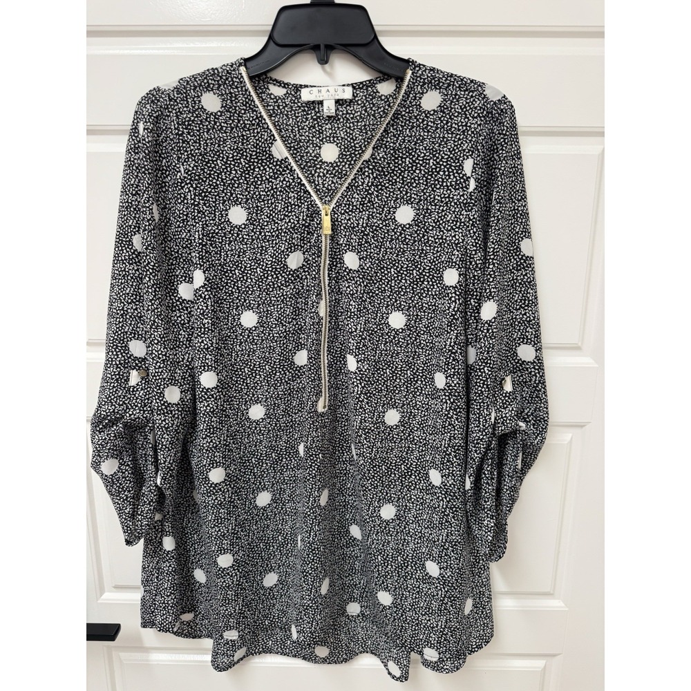Chaus New York Half Gold Zipper Blouse Polka Dot Tunic Top Black White Large
